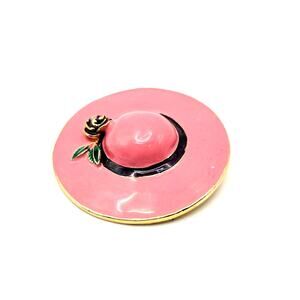 Elegant Pink Enamel Gold Tone Derby Sun Hat Brooch Pin Romance Rose
